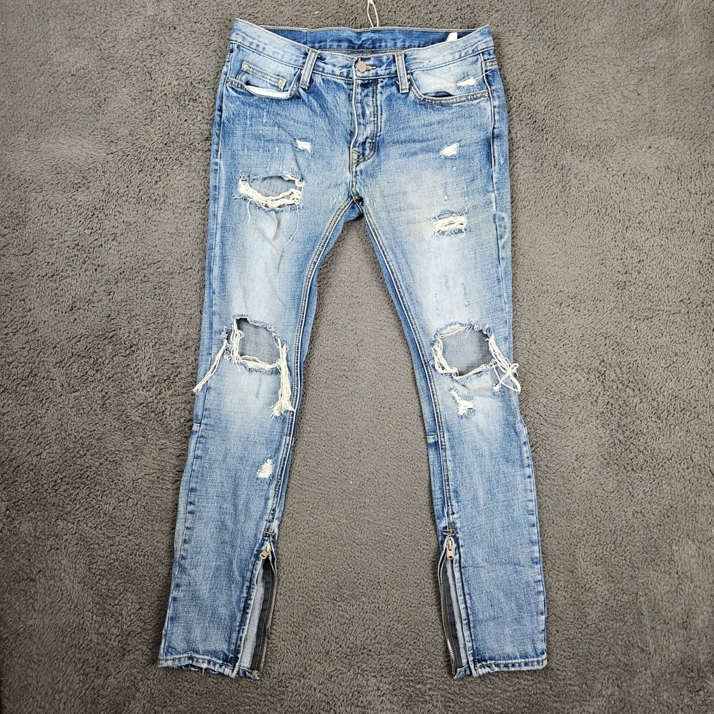 mnml Mens 32x33 Distressed Skinny Jeans Light Wash Blue Ankle Zip Denim Pants